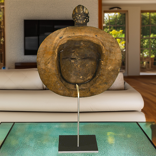 African Baule moon mask 117 on display stand back