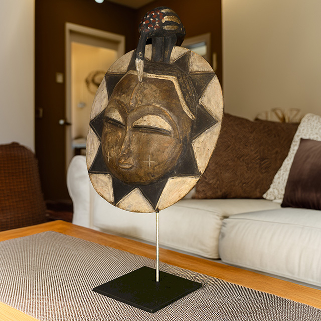 African Baule moon mask 117 on display stand Left Angle