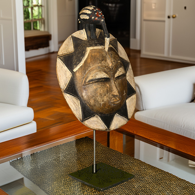 African Baule moon mask 117 on display stand