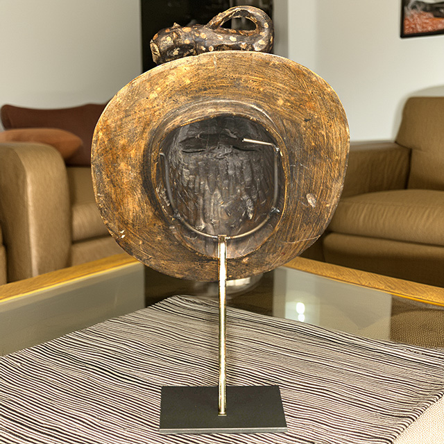 African Baule moon mask 121 on display stand left side
