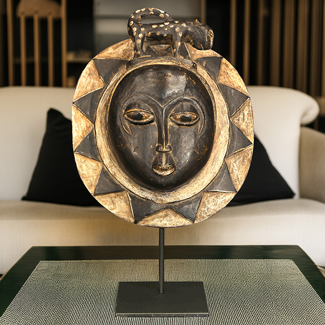 African Baule moon mask 121 on display stand