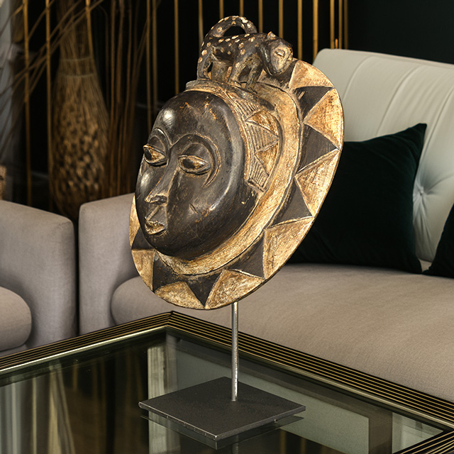 African Baule moon mask 121 on display stand