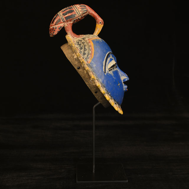 African Baule Moon Mask 116 on display stand Right Side