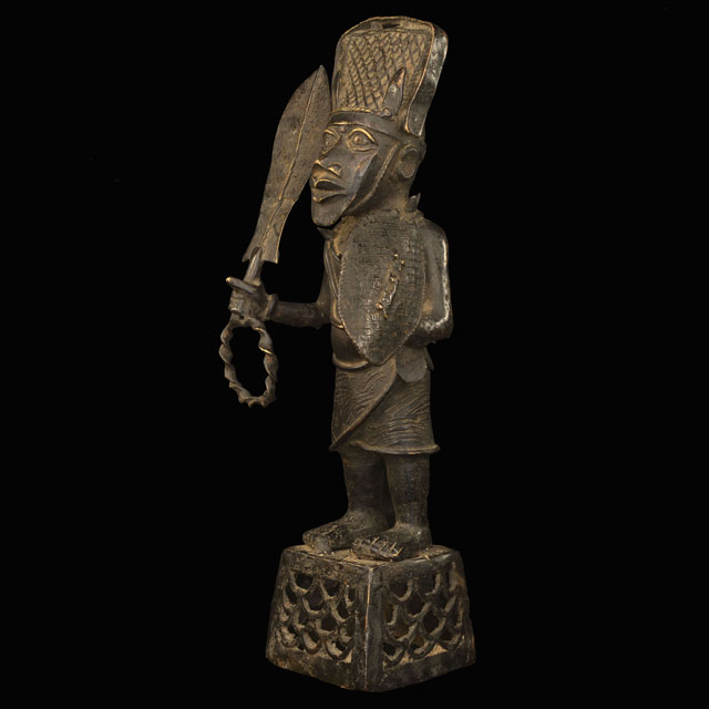 African Benin Bronze Statuette 38 Left Angle