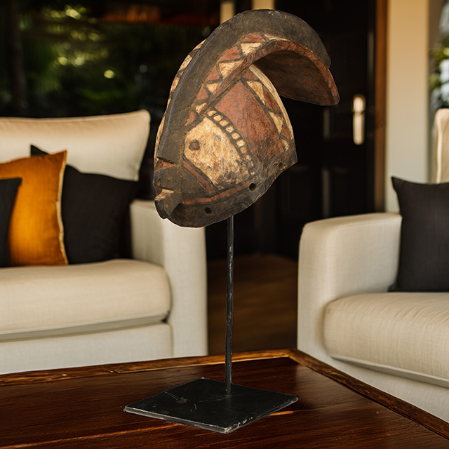 African Bobo mask on display stand Left Angle